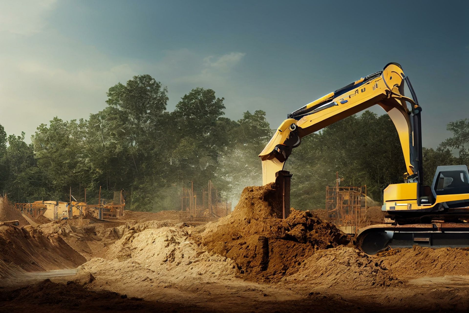 An excavator at a construction site, digging and preparing the land for building or development.