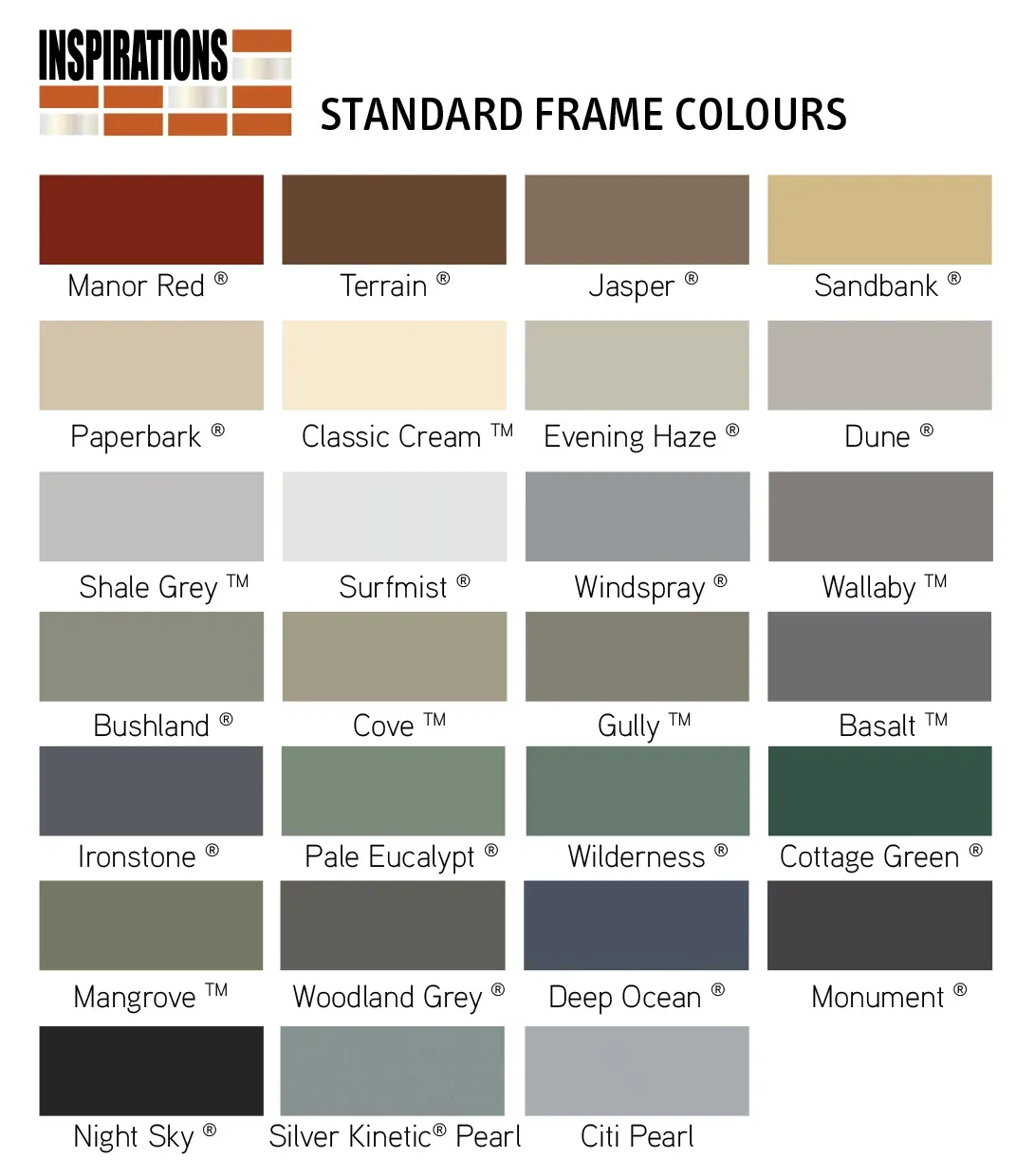 Inspiration Standard Frame Colours — Hastings Garage Door Services in Port Macquarie