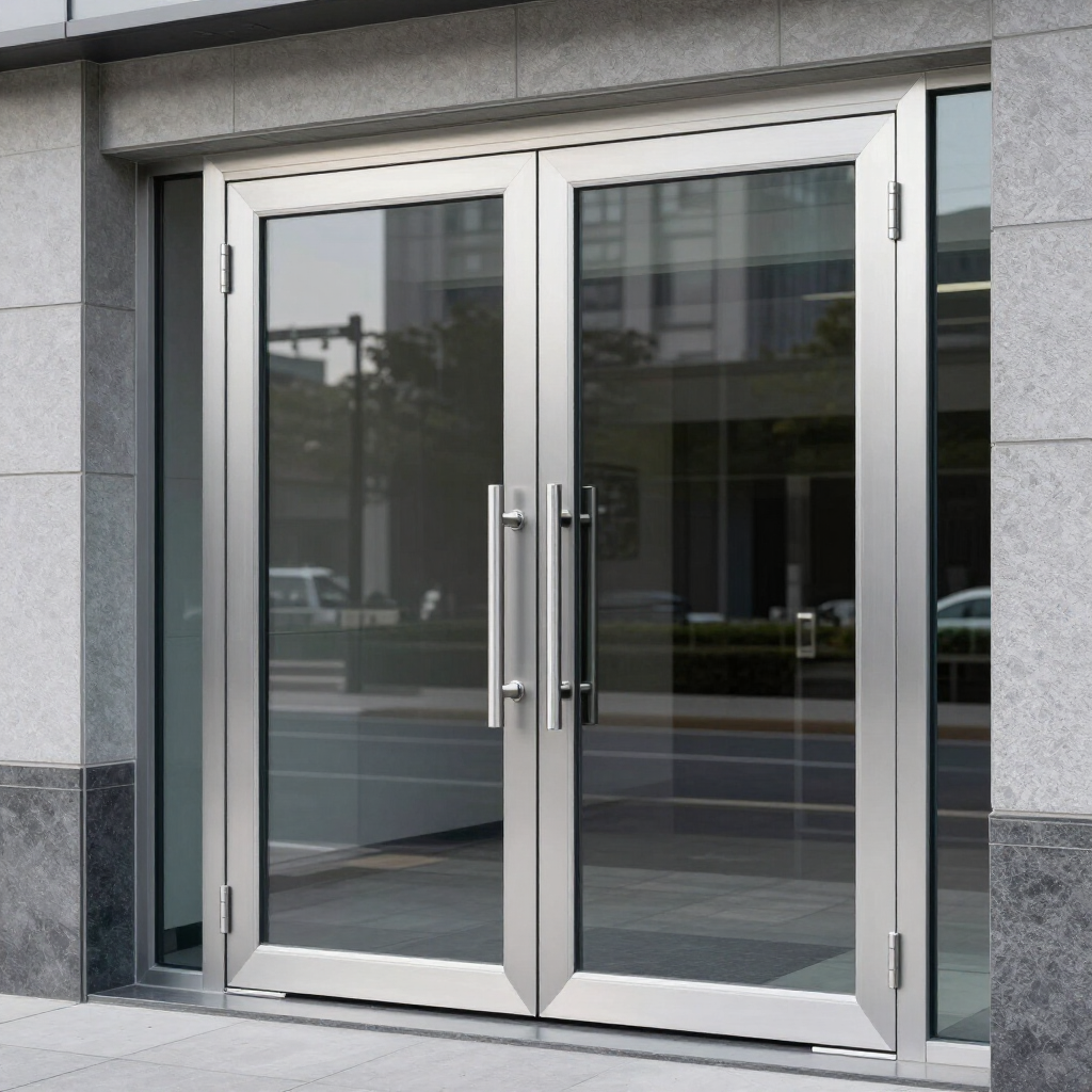 Un conjunto de modernas puertas dobles de cristal con marco plateado instaladas en la entrada de un edificio de piedra gris.