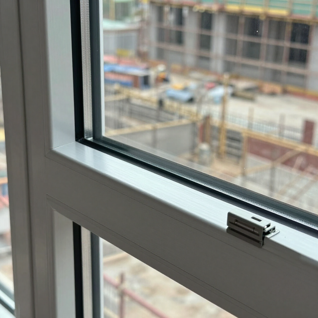 Primer plano de un marco de ventana blanco con mecanismo de cierre, con vistas a una obra en construcción borrosa.