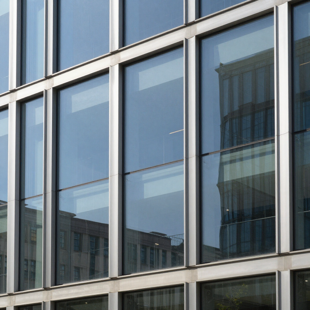 Fachada de un moderno edificio de oficinas con ventanas de vidrio reflectante con diseño de cuadrícula y un marco metálico.