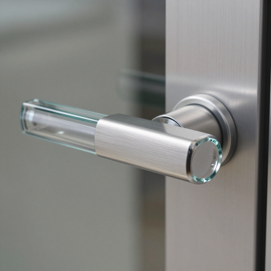 Un tirador de puerta moderno, fabricado en metal cepillado y cristal transparente, fijado a una puerta metálica.