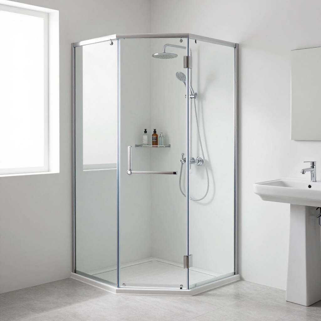 Una mampara de ducha de cristal de estilo neoangular con marco plateado, instalada en la esquina de un baño blanco, luminoso y moderno.