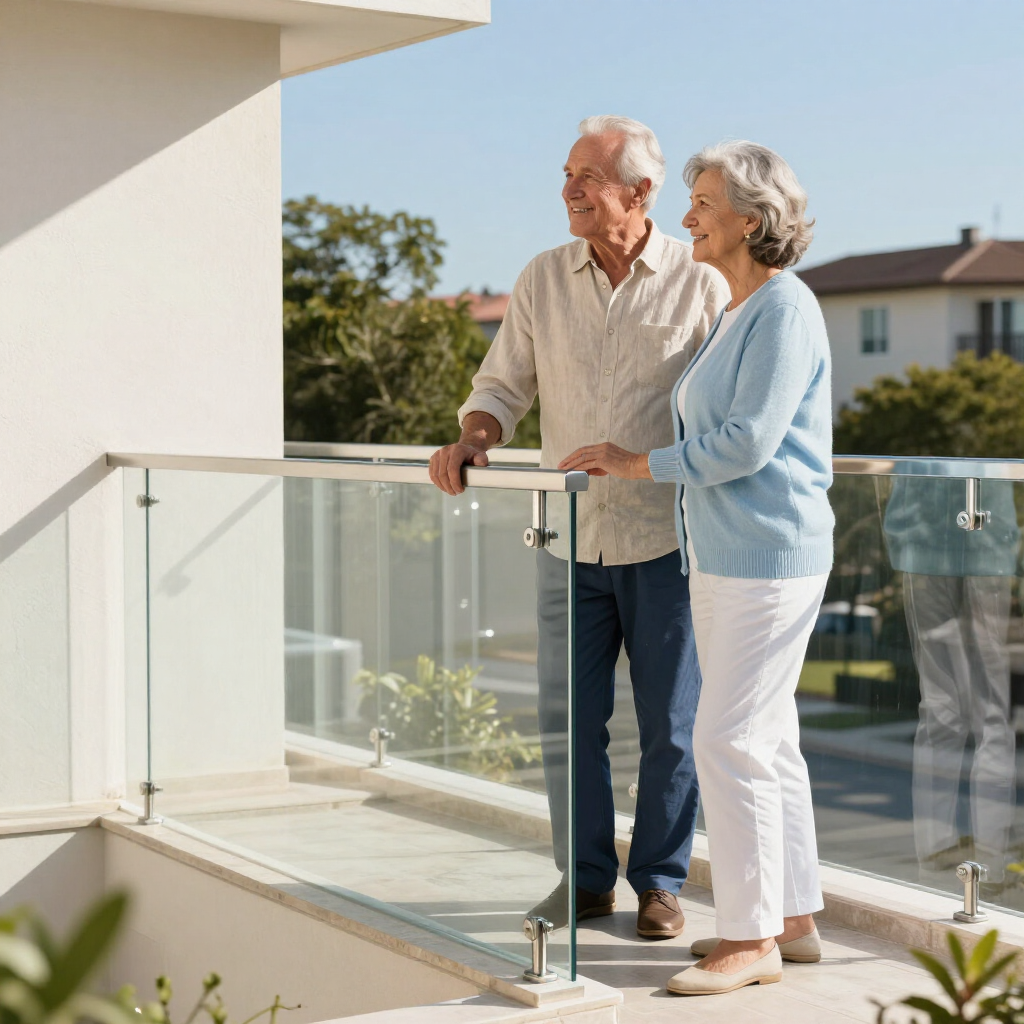 Dos personas están de pie en un balcón, contemplando una escena del barrio.