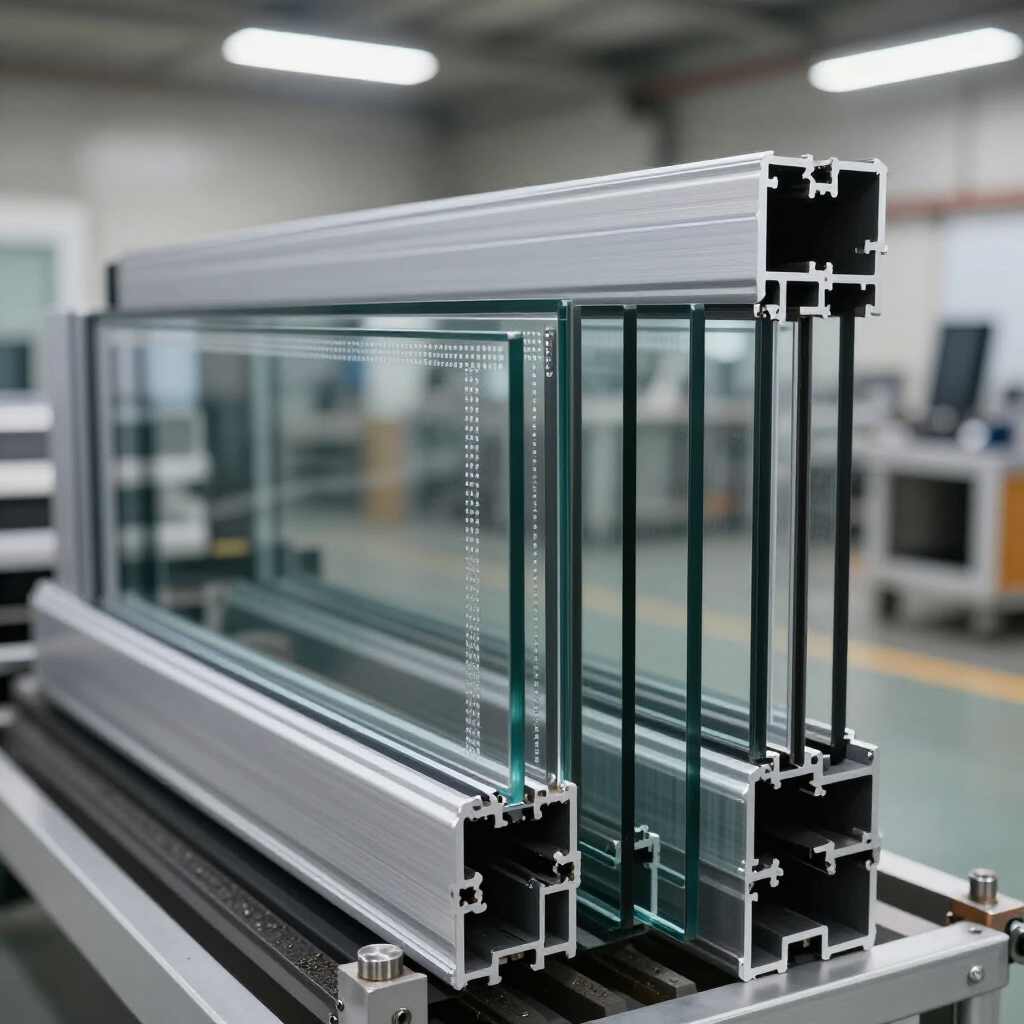 Una sección transversal que muestra paneles de vidrio de triple capa enmarcados en aluminio plateado, ubicados en el interior de un taller de fabricación.