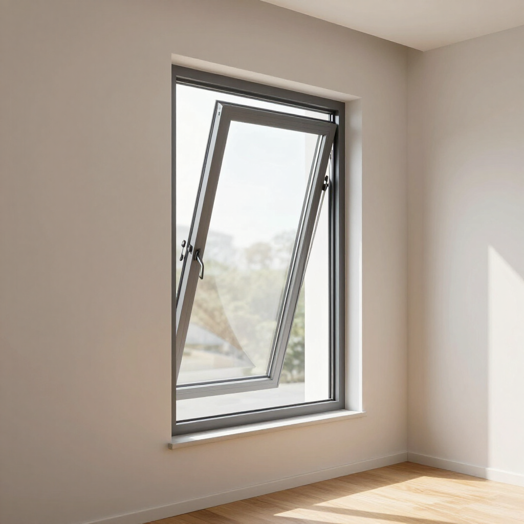 Una ventana con marco gris en una habitación blanca está ligeramente abierta por la parte superior, dejando ver el exterior.