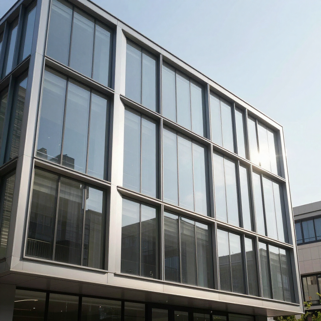 Un edificio moderno de cuatro plantas con una fachada de muro cortina de vidrio enmarcada por paneles metálicos grises, bajo un cielo despejado y luminoso.