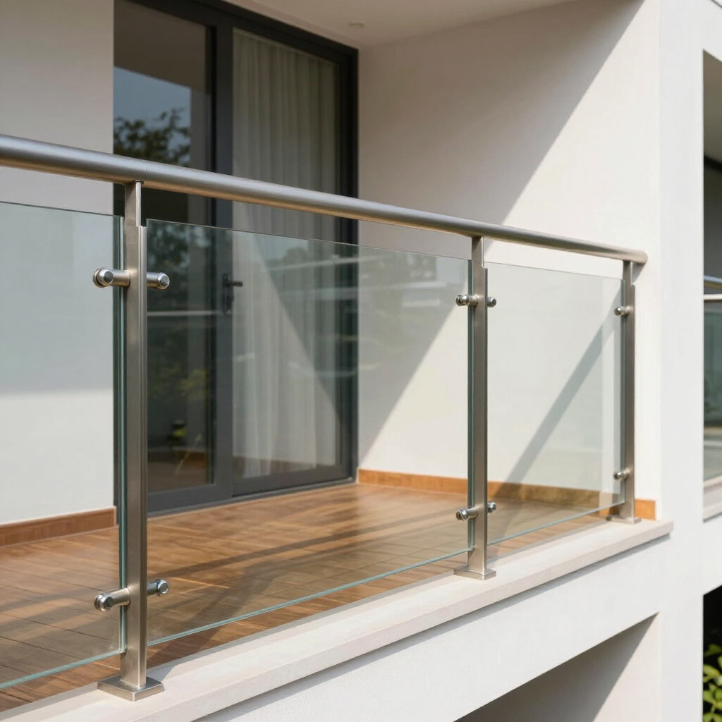 Un balcón moderno con barandilla de acero inoxidable y paneles de vidrio transparente con vistas a una terraza de madera y una puerta corredera de cristal.