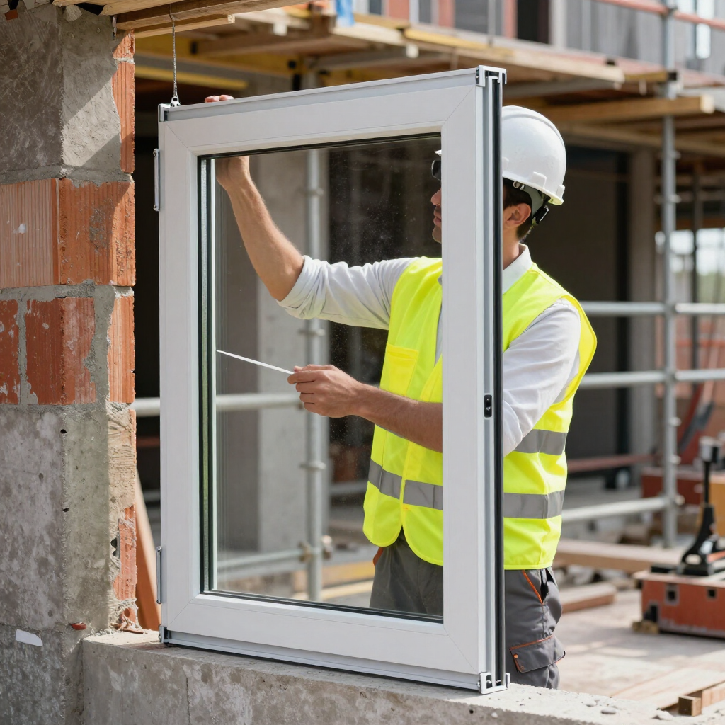 Un obrero de la construcción, con chaleco reflectante y casco, instala un marco de ventana blanco en una obra.
