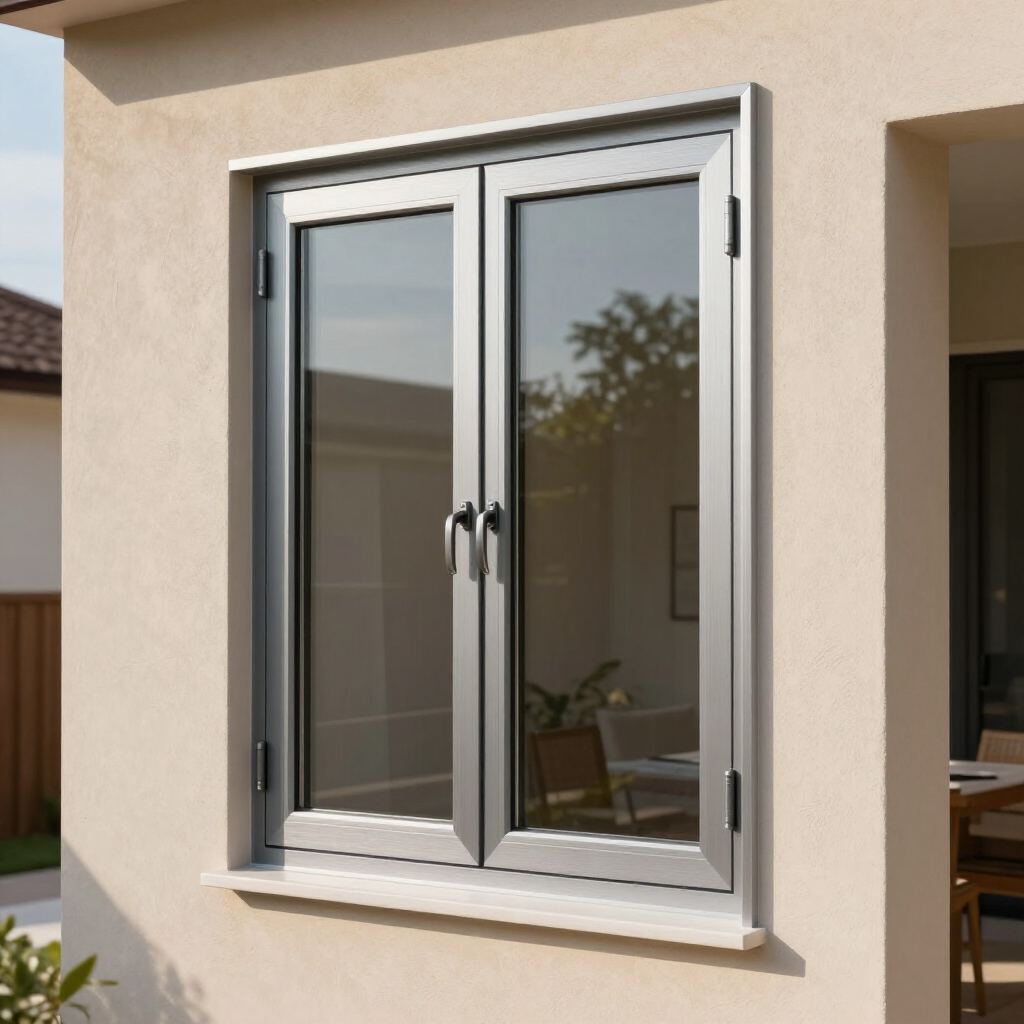 Ventana de doble hoja plateada instalada en una pared exterior de color claro con un alféizar de piedra.