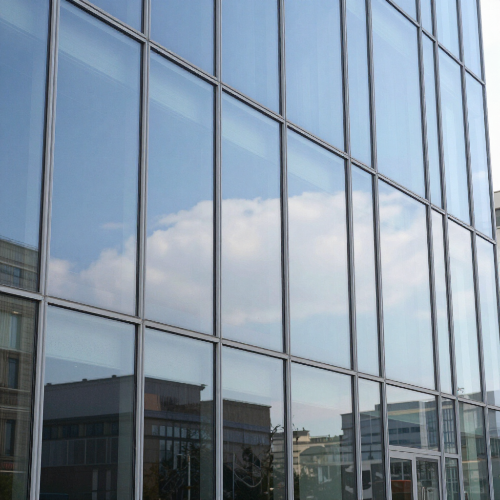 Una fachada acristalada en un edificio moderno refleja un cielo azul nublado y la arquitectura circundante.