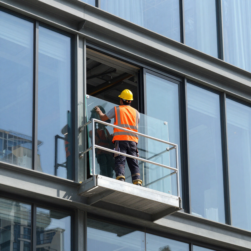 Un obrero de la construcción, con casco amarillo y chaleco de seguridad naranja, instala un gran panel de vidrio en un edificio de gran altura.
