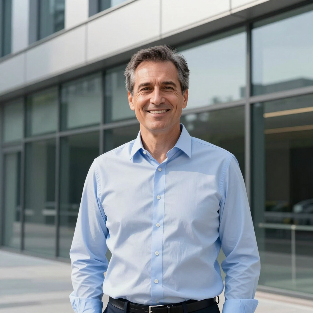 Un profesional sonriente, vestido con una camisa azul claro abotonada, posa frente a un moderno edificio de oficinas de cristal.