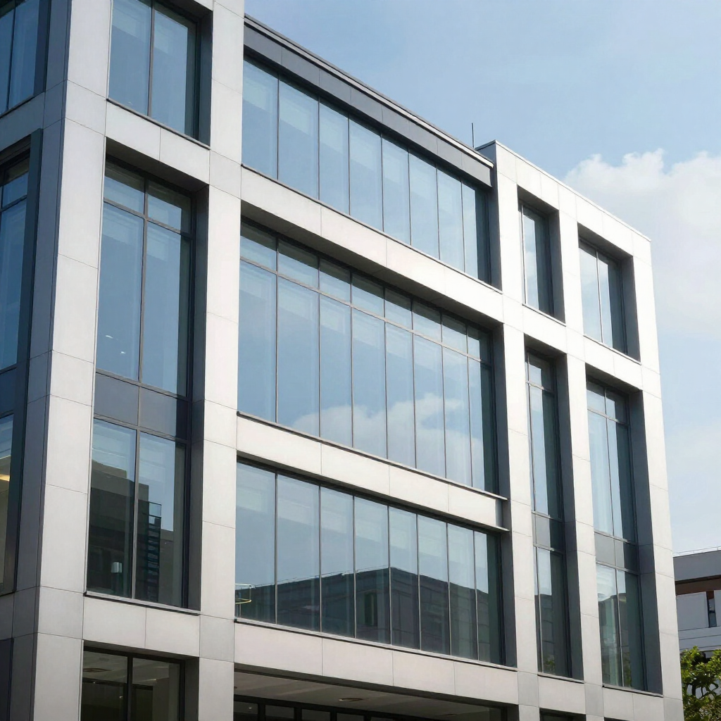 Un moderno edificio de oficinas con fachada de cristal y estructura metálica plateada bajo un cielo azul despejado.