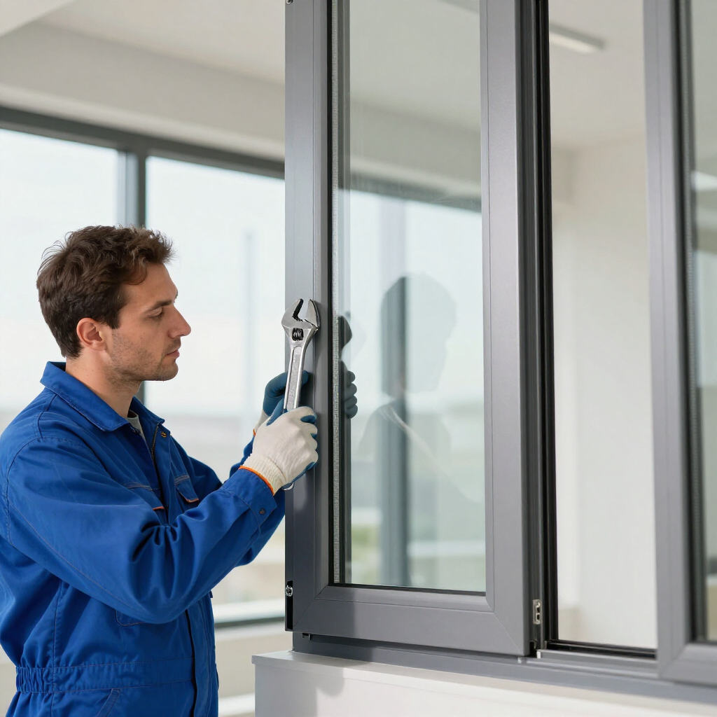 Una persona vestida con uniforme azul y guantes de trabajo ajusta un marco de ventana moderno de color gris con una llave inglesa.