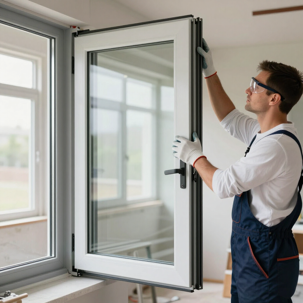 Una persona, con gafas de seguridad y guantes blancos, instala una ventana con marco blanco en un hueco de la pared.