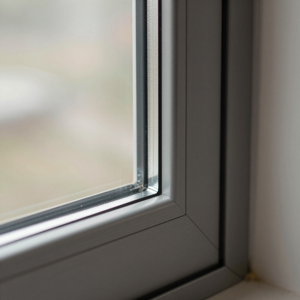 Primer plano de un marco de ventana moderno de color gris y del borde de una ventana de doble cristal contra una pared blanca.