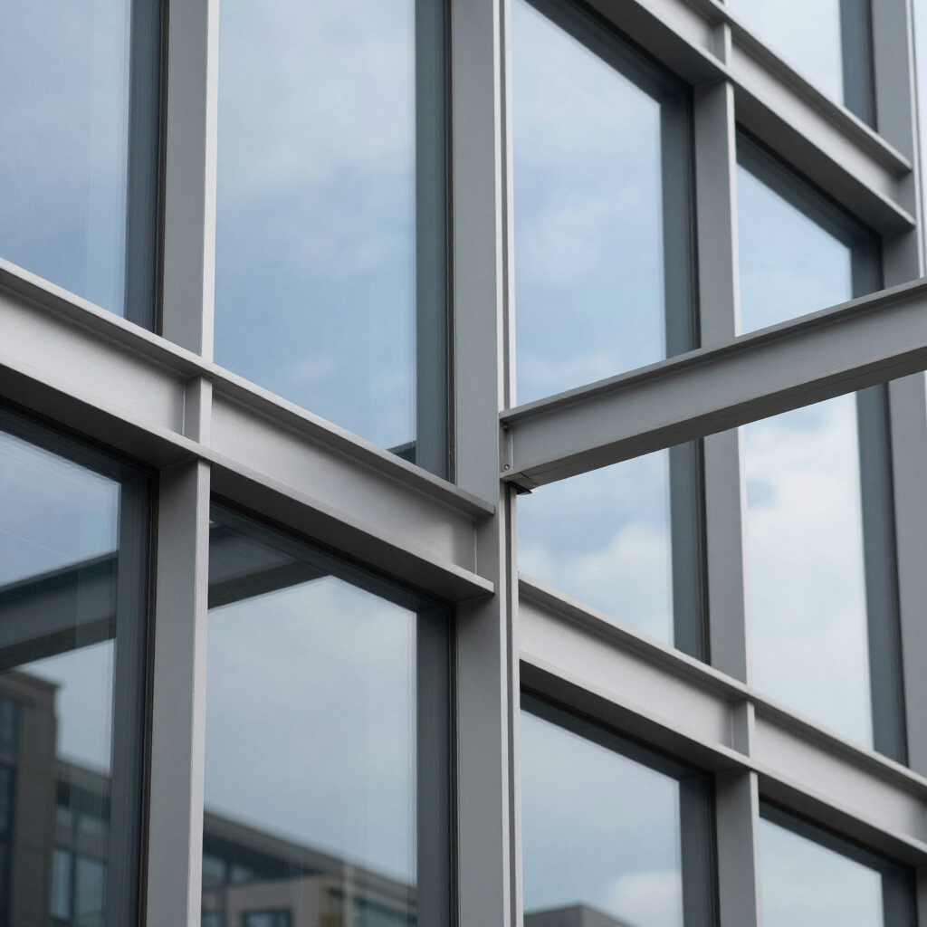 Vista en primer plano de la fachada acristalada de un edificio con una cuadrícula de vigas de acero gris que reflejan un cielo nublado.