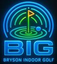 Neon sign for BIG Bryson Indoor Golf; blue, green, gold, and black colors. Features a golf flag and concentric circles.