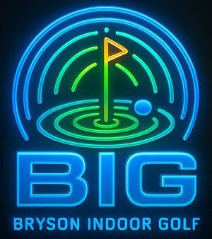 Neon sign for BIG Bryson Indoor Golf; blue, green, gold, and black colors. Features a golf flag and concentric circles.