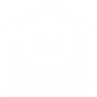 White outline of a building with a rectangular entrance and a flat roof.