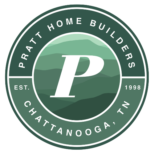Logo for Pratt Home Builders in Chattanooga, TN. Green circle with mountains, white 