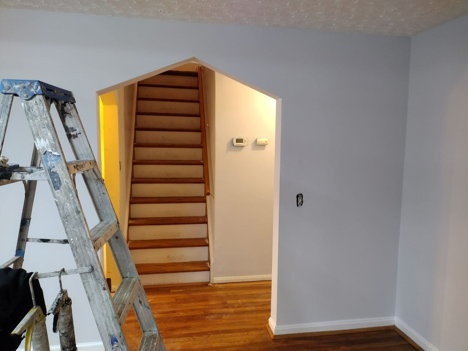 Ladder next to doorway painted light blue, leading to stairs with wood flooring.