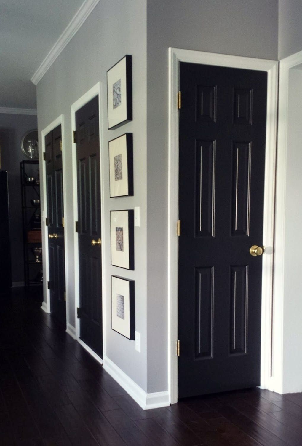 Hallway with dark doors, white trim, gray walls, dark wood floors, and framed artwork.