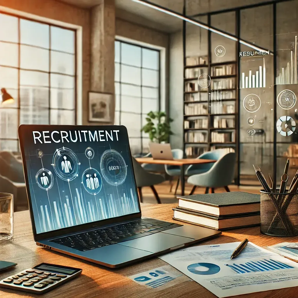 A laptop computer is open to a screen that says recruitment.