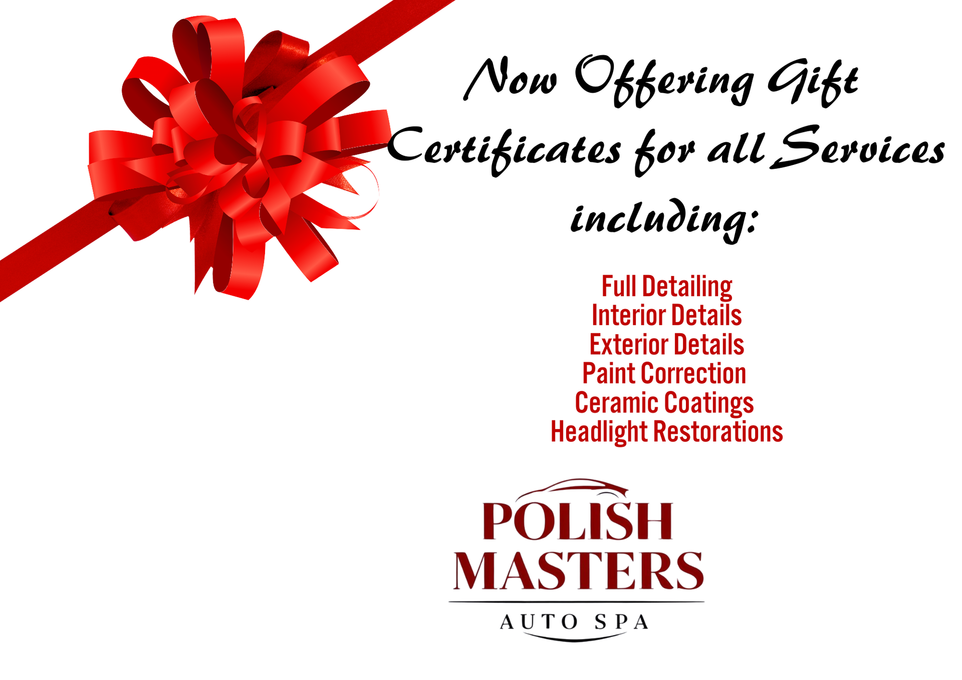 A gift certificate that says now offering gift certificates for detailing new shine for car truck or suv