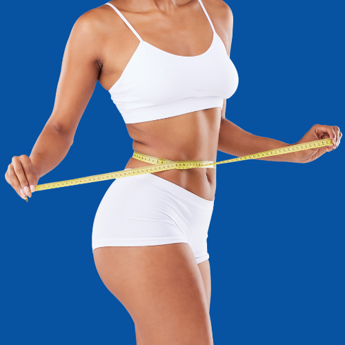 Woman in white underwear measuring her waist with a yellow tape measure, against a blue background.