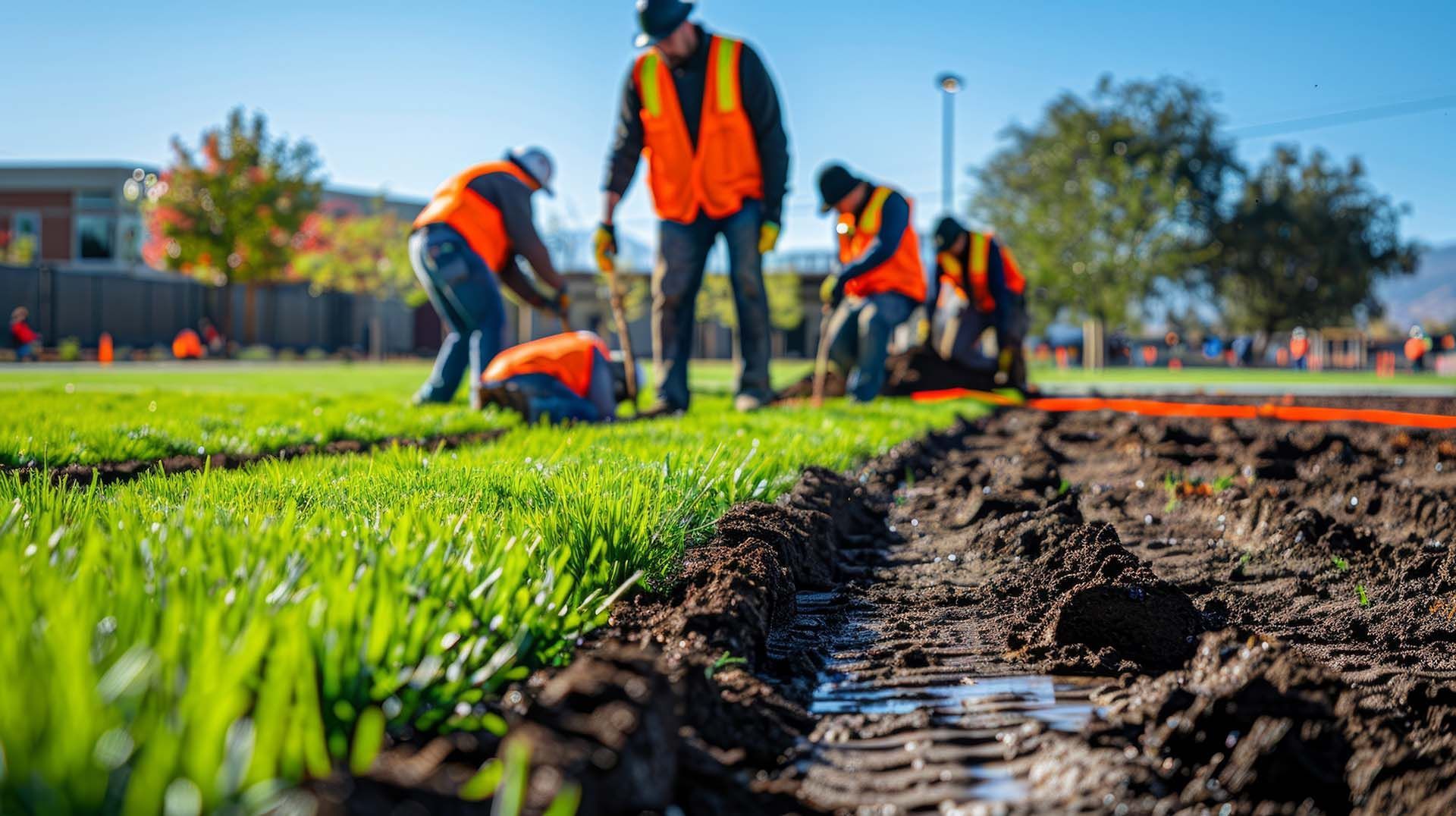 Workers planting grass carefully, guided by a professional landscaping company for a perfect lawn.