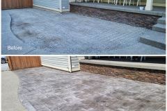 Driveway transformation: before and after shots. Old gravel replaced with patterned pavers, matching facade brick.