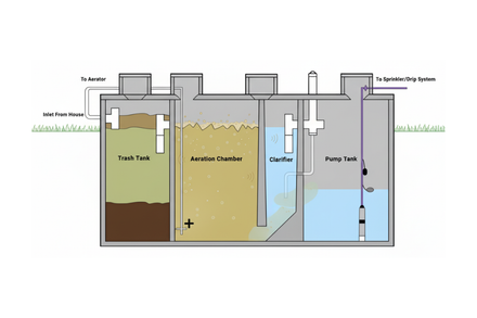 Diagram of a septic system with three chambers: sedimentation, aeration, and pumping tank.