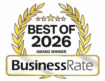 Gold laurel award badge reading “BEST OF 2026” and “BusinessRate” with five stars and “Award Winner”