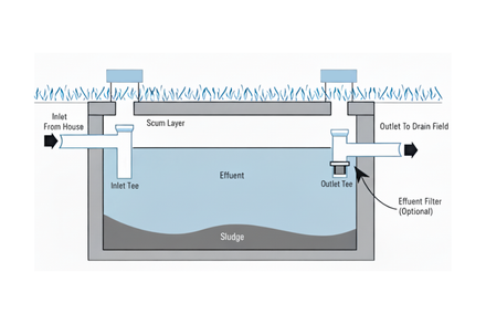 Diagram of a septic tank showing inlet, outlet, baffles, and waste separation for wastewater treatment.