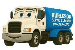 Cartoon septic truck with a smiling face, blue tank, and company name 