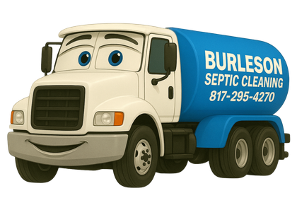 Cartoon septic truck with a smiling face, blue tank, and company name 