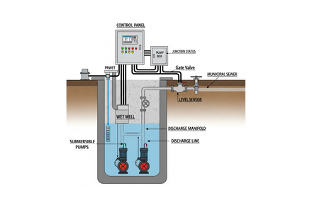Diagram of a wastewater pumping station with two submersible pumps in a concrete tank, connected to control panels.