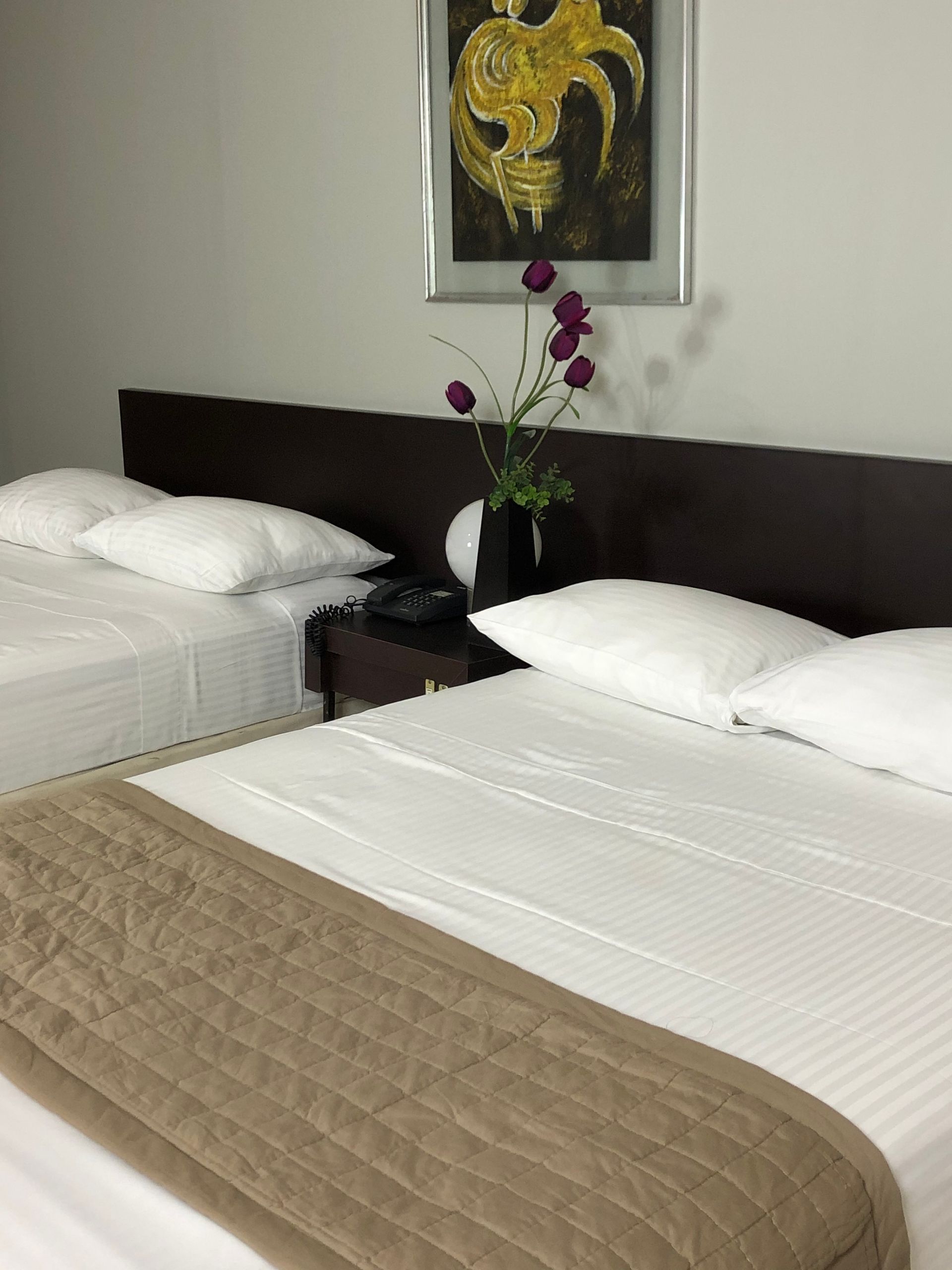 Una habitación de hotel con dos camas y un cuadro en la pared.