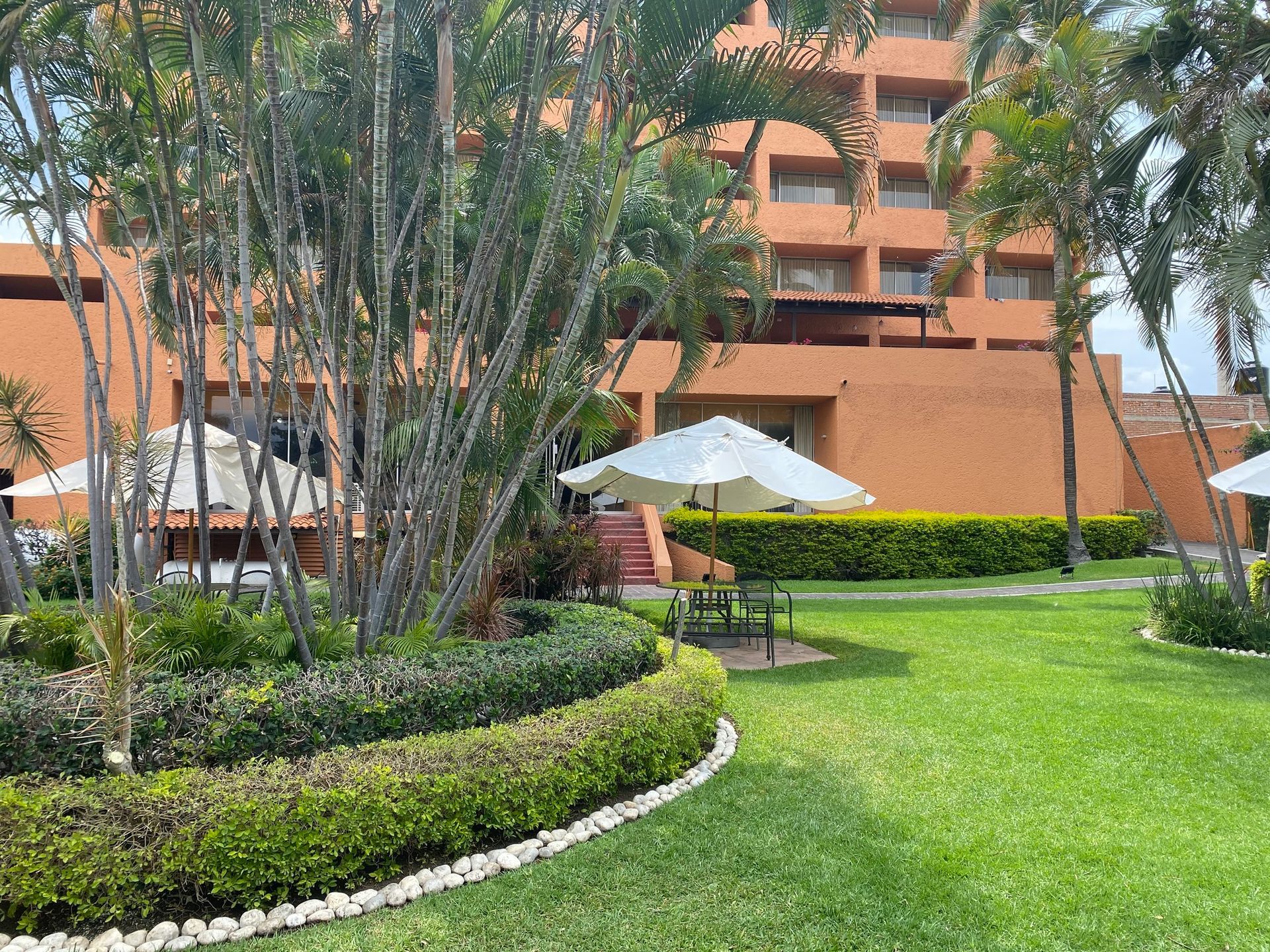 Un exuberante césped verde con sombrillas y sillas en HOTEL DE CUAUTLA,  Cuautla, Morelos