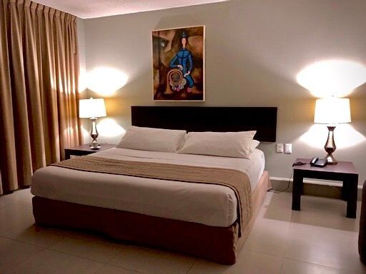 Una habitación de hotel con una cama y un cuadro en la pared.