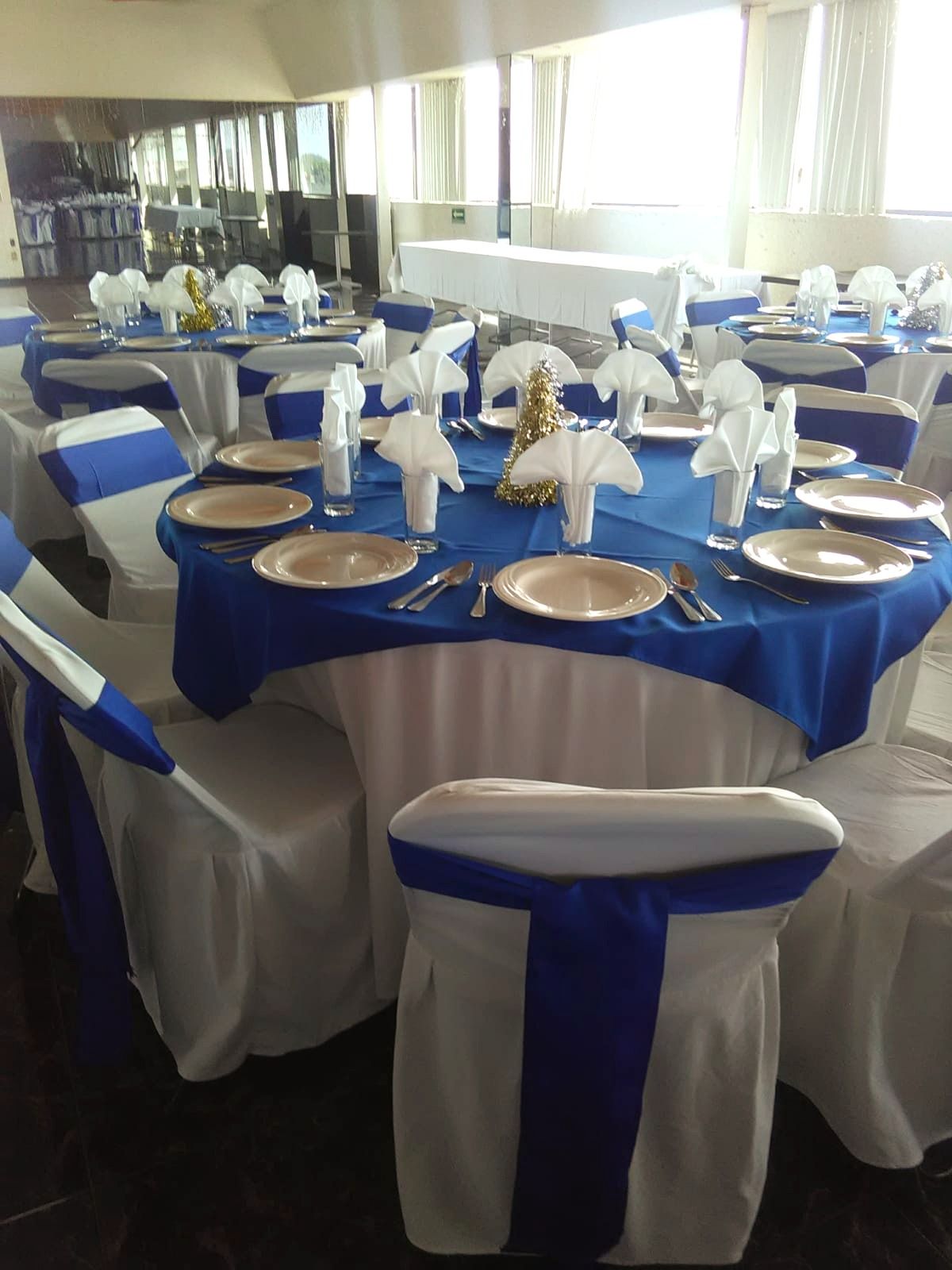 Mesas y sillas azules y blancas preparadas para una fiesta en el HOTEL DE CUAUTLA.