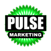 A logo for pulse marketing with a green flower in the background