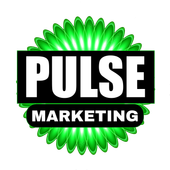 A logo for pulse marketing with a green flower in the background