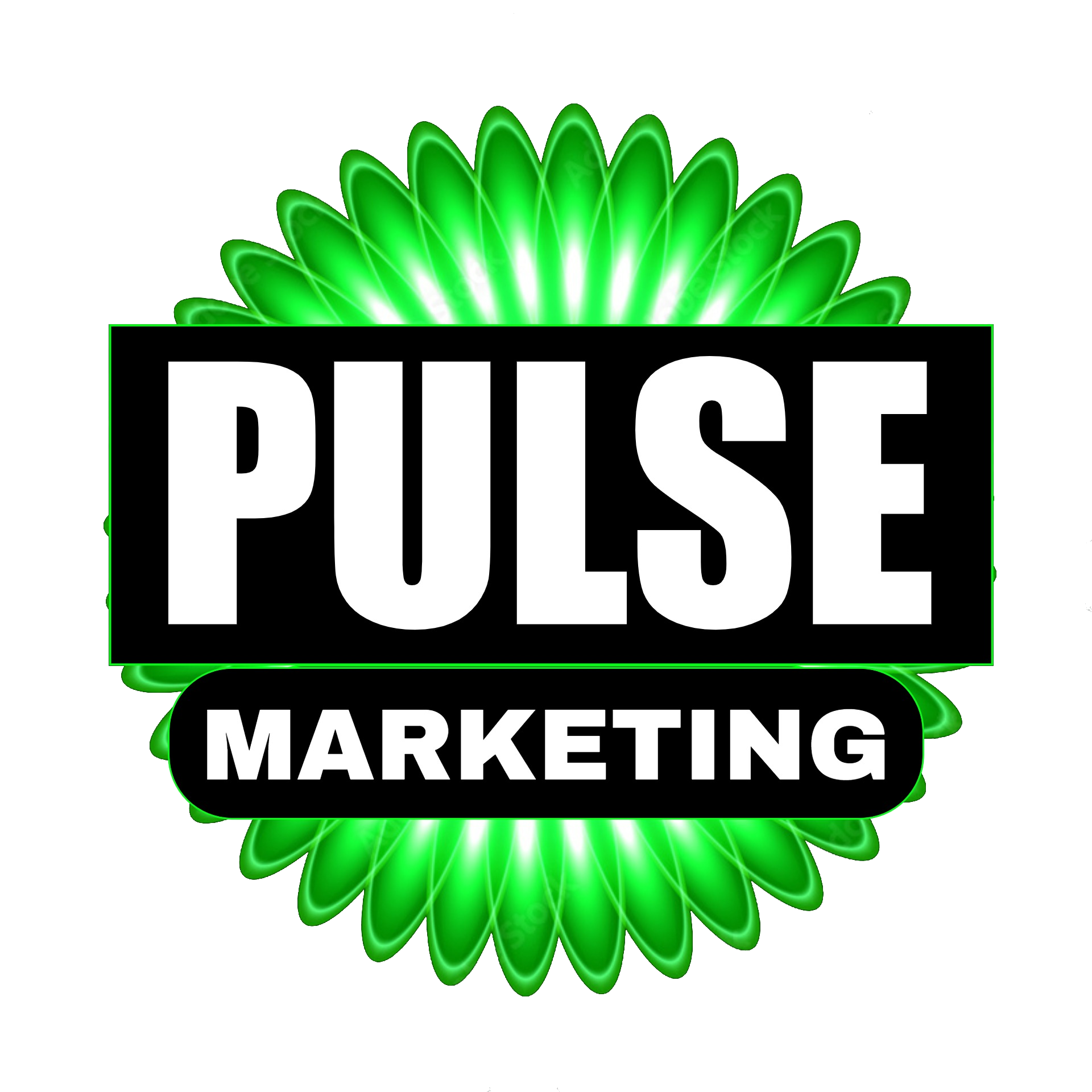 A logo for pulse marketing with a green flower in the background