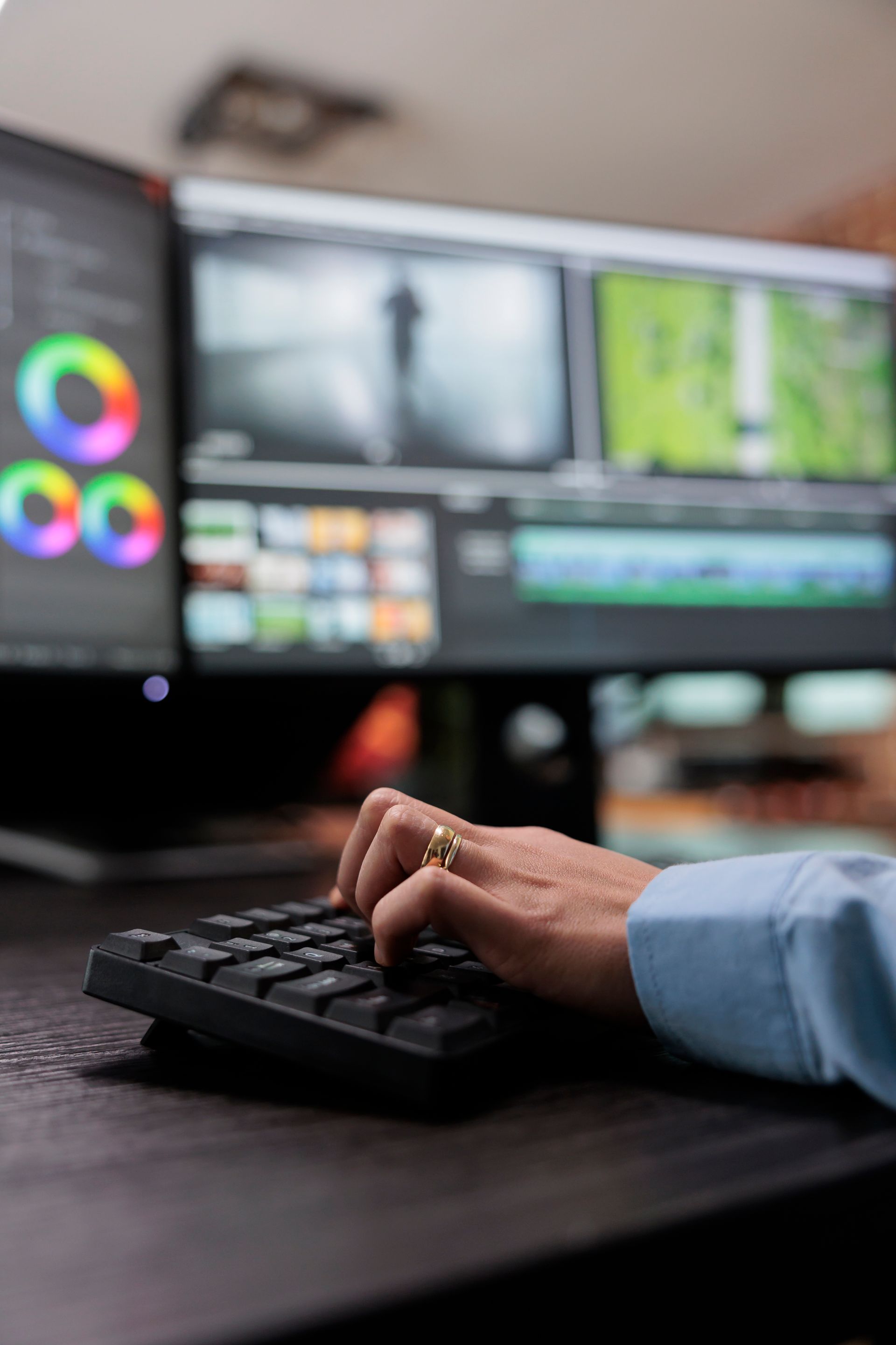 A person is typing on a keyboard in front of two computer monitors.