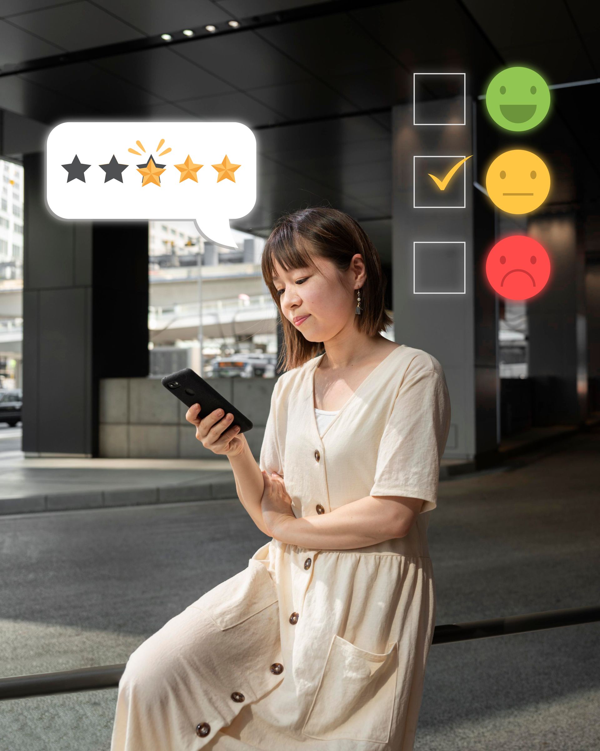 A woman is sitting in front of a building looking at her phone.