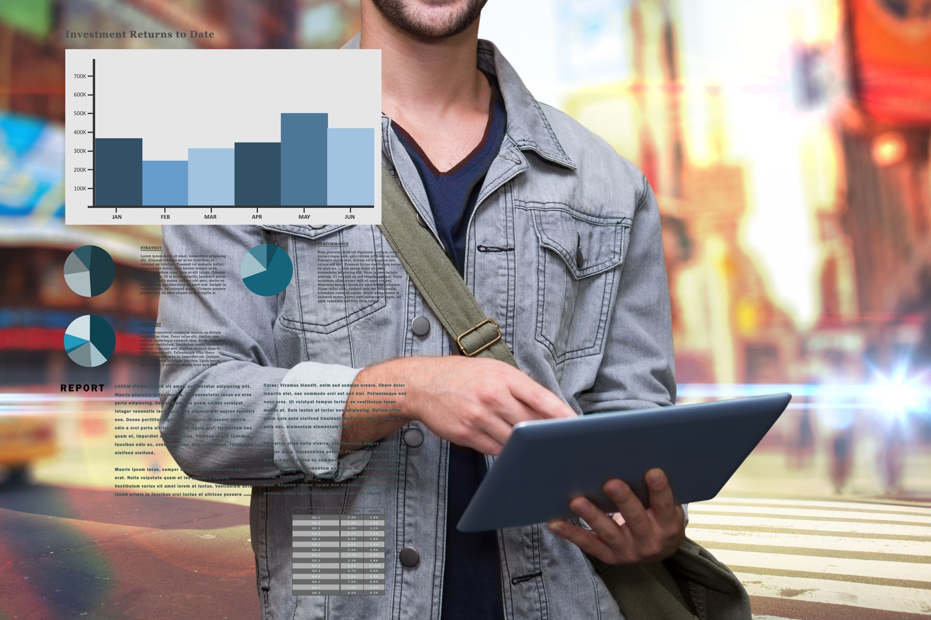 A man is holding a tablet with a graph on it