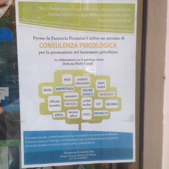 Manifesto servizi di consulenza psicologica presso la farmacia Ferrarini
